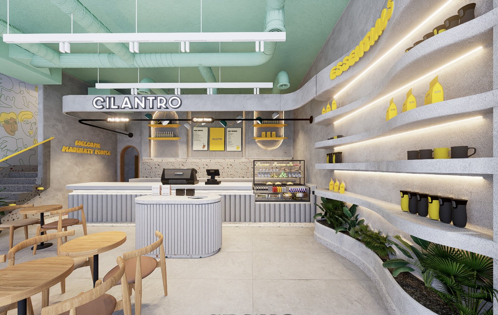 Cilantro cafe interior with curved counters and integrated shelving