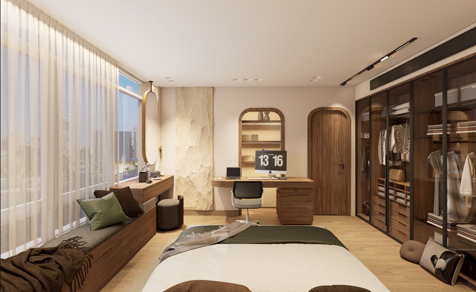 Warm timber bedroom with integrated wardrobe and full-height windows