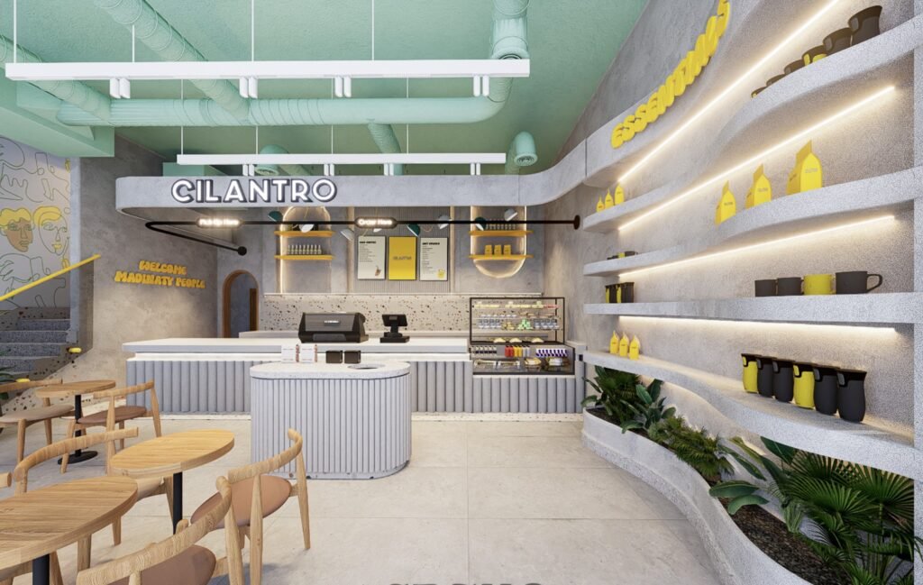 Cilantro cafe interior with curved counters, menu boards and illuminated shelving