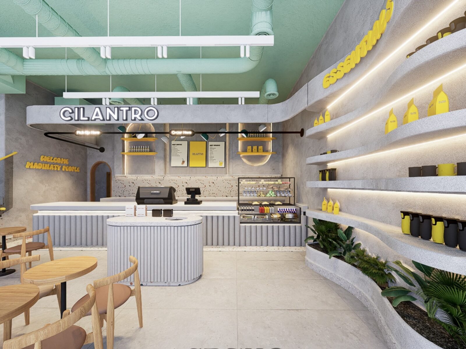Cilantro cafe interior with curved counters and display shelving