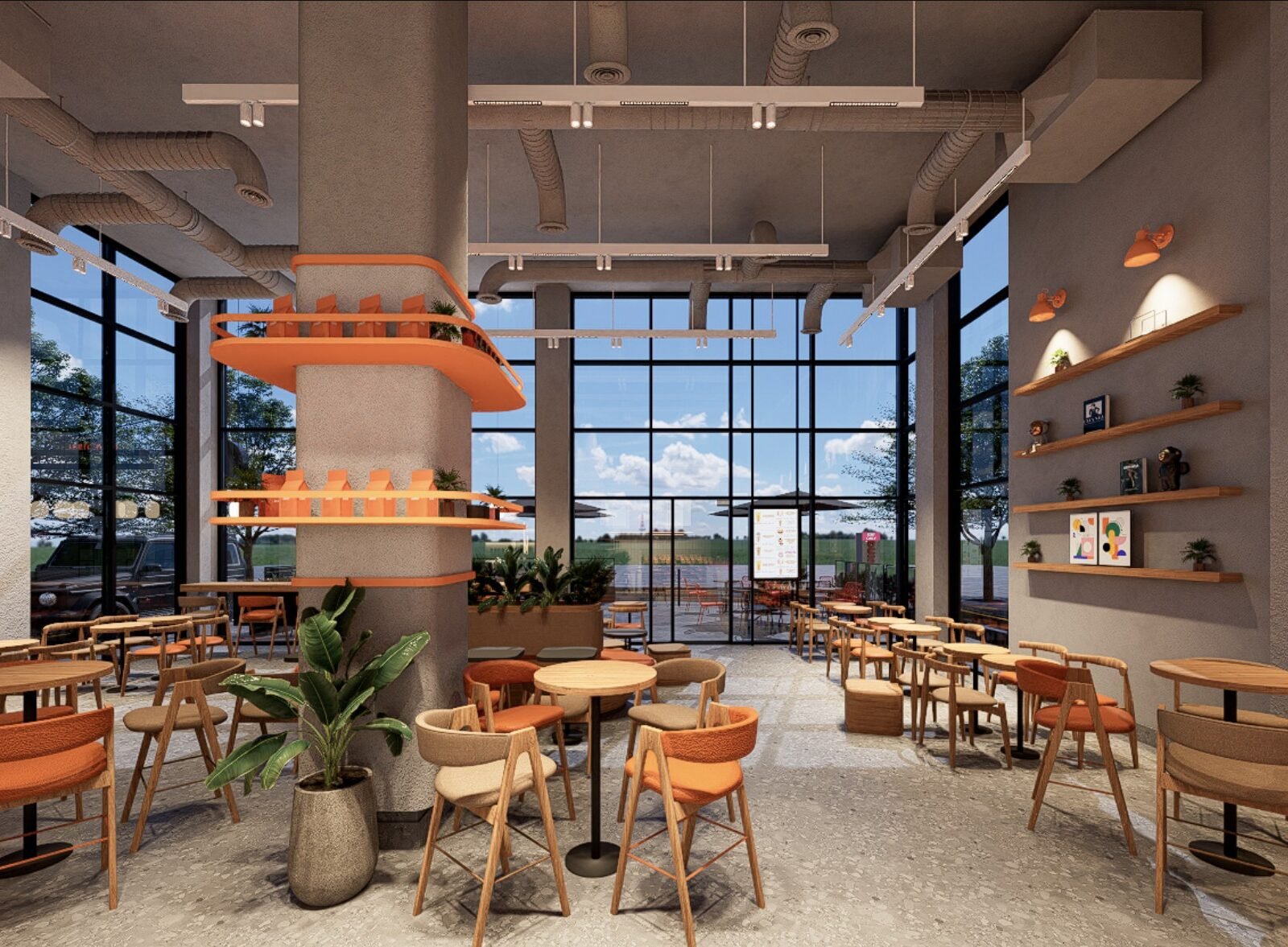 Dunkin interior with orange detailing and central seating