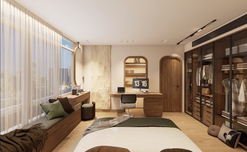Warm timber bedroom with full-height wardrobes, integrated desk and window seating