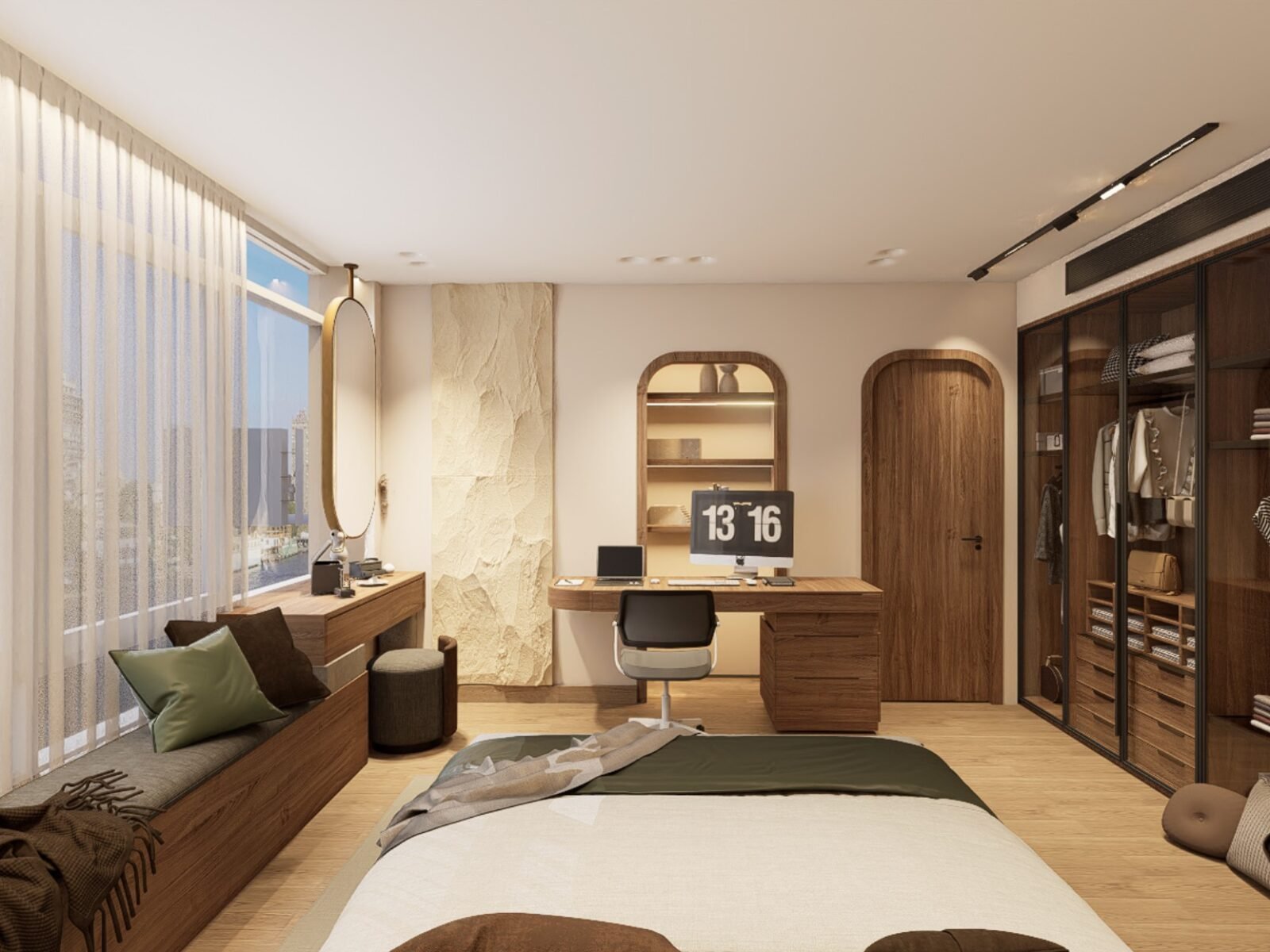 Warm timber bedroom with full-height wardrobes, integrated desk and window seating
