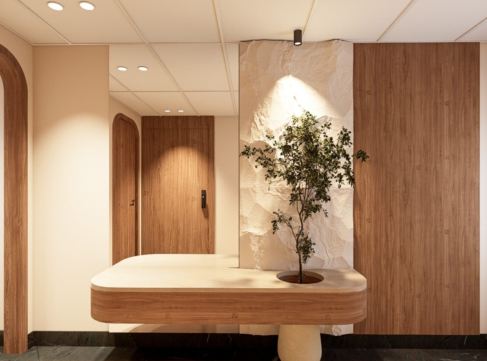 Curved timber console with an integrated indoor tree
