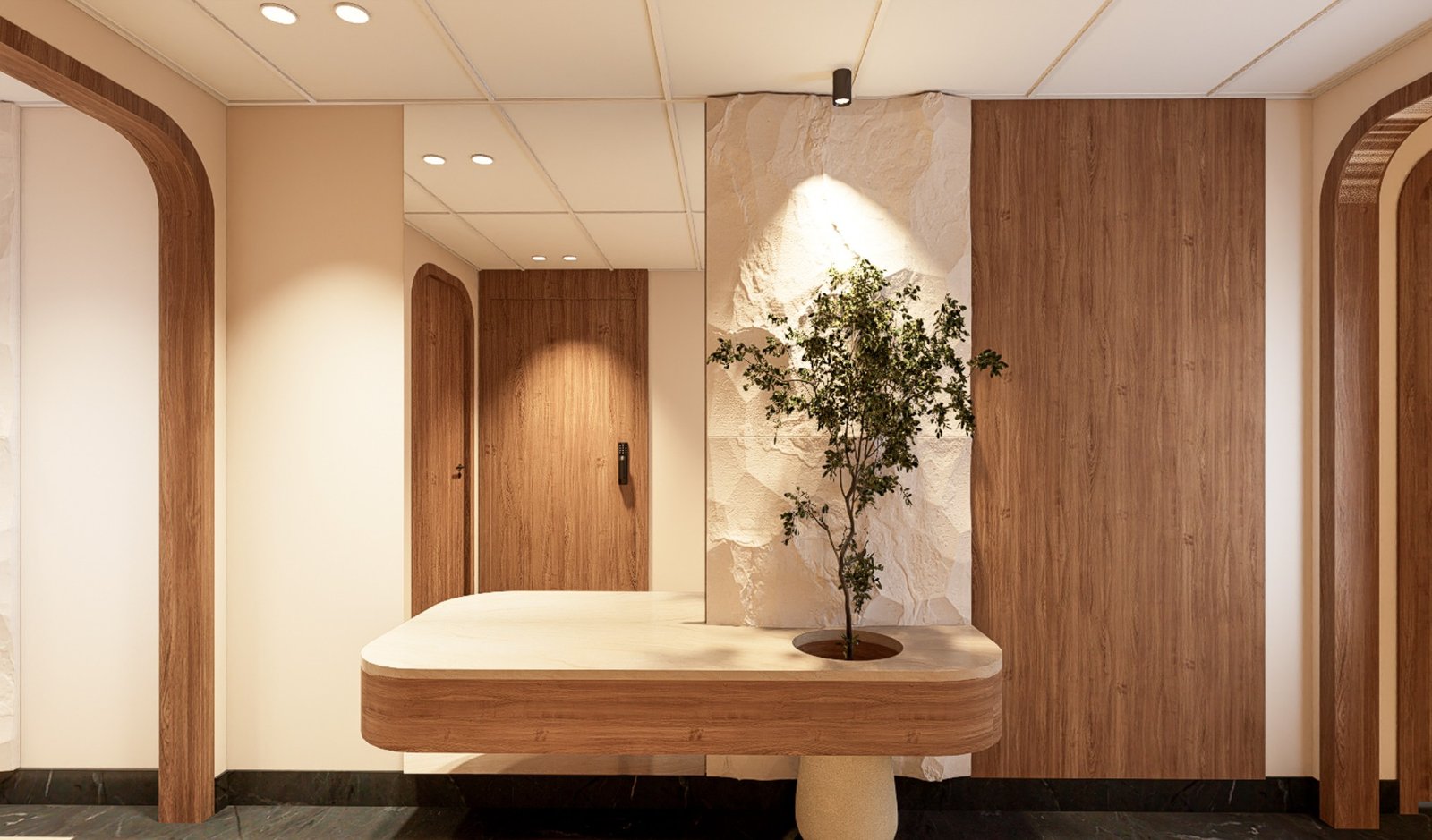 Curved timber console with an integrated indoor tree