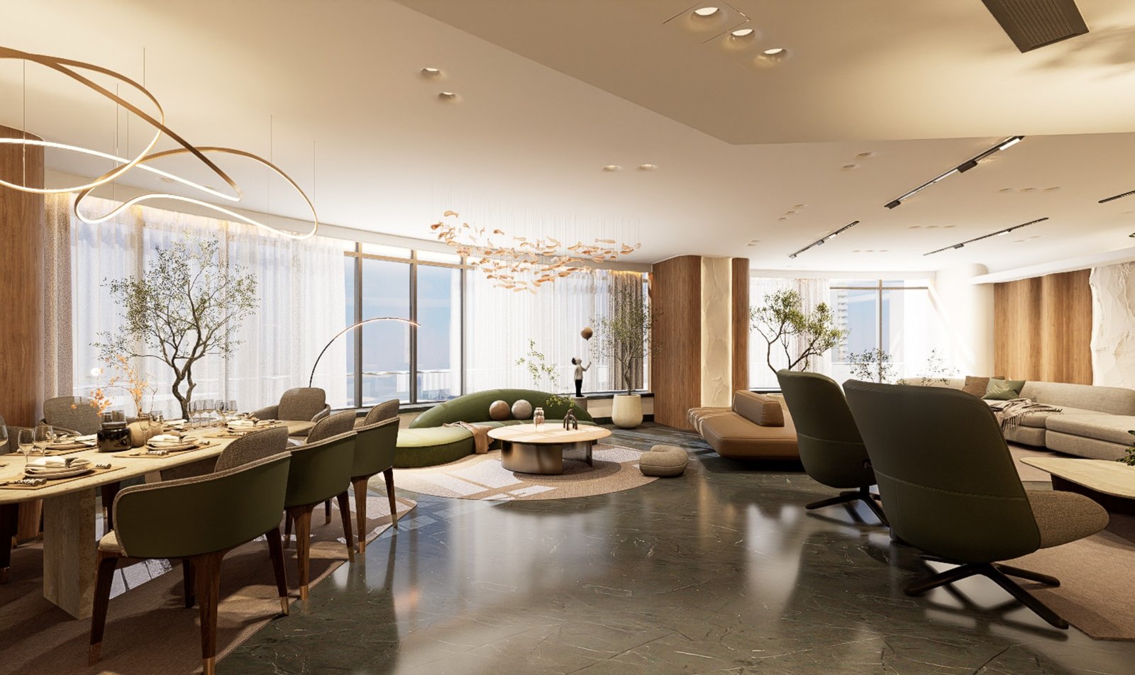 Light-filled residential interior with panoramic glazing, warm timber and olive seating